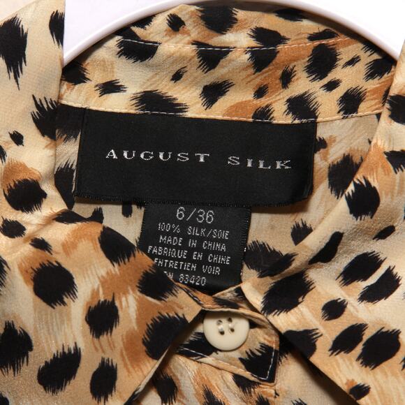 August Silk Animal Print Silk Blouse Top Size 6/36 Long Sleeve Collar - Picture 8 of 9